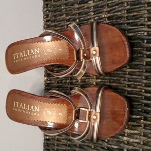 Italian Shoemakers wood sandals silver and brown cut out heel size 7